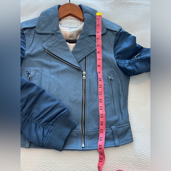 SANDRO Blue Ruched Shell-Paneled Sleeves Leather Goat Biker Jacket - Picture 13 of 16